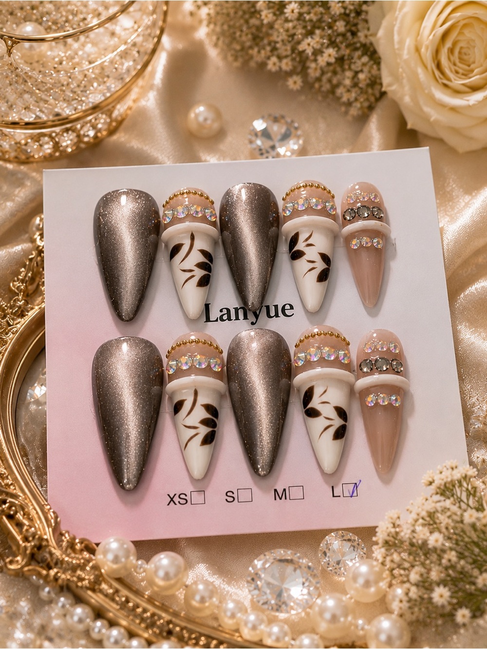 Neutral Taupe & Cream Stiletto Press-On Nails with Rhinestone Accent